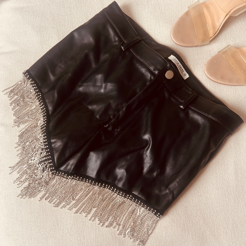 12th Tribe Black High-Waist Faux Leather Fringe Shorts with Silver Beading